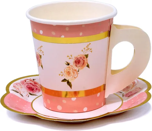 Miniatura 2 de Gift Boutique Juego de 36 tazas de té de papel con asas y 36 platillos en forma floral desechables para niños y adultos, cumpleaños, baby shower