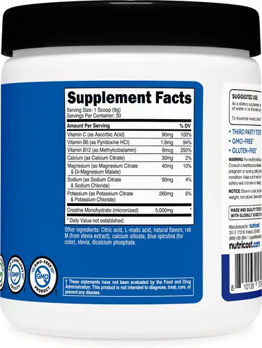Miniatura 5 de Nutricost Monohidrato de creatina + hidratación con sabor a frambuesa azul (30 porciones) – 7 vitaminas y minerales, 5000 mg de creatina por porción