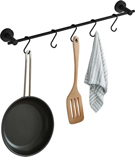 Toallero de 21.6 pulgadas con 5 ganchos en forma de S, toallero de acero inoxidable negro para baño y baño, montado en la pared, para ollas de