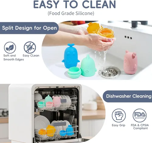 Miniatura 6 de Juguetes de baño para bebés y niños pequeños, 15 piezas, juguetes de agua para bañera sin molde con barcos flotantes de color arcoíris, cucharas