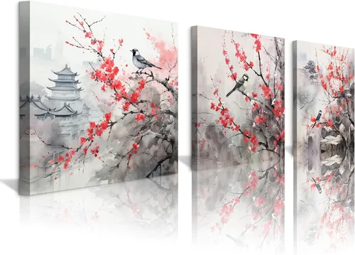 Miniatura 43 de Arte de Pared de Acuarela de Estilo Asiático Tradicional Chino Pájaro en Rama de Flor de Cerezo Roja Decoración Paisaje Floral Oriental Pintura