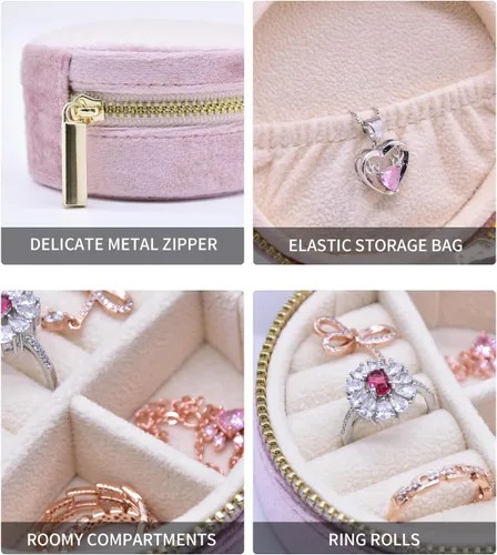 Miniatura 4 de TAIMY Estuche de viaje pequeño para joyería, mini joyero de viaje redondo para mujeres y niñas, mini cajas organizadoras de viaje para anillos