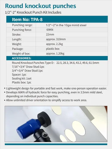 Miniatura 7 de AMZCNC Kit de Punzón Hidráulico para Perforar Agujeros de 1/2 a 2 pulgadas, Juego de Cortador de Orificios para Conducto Eléctrico, Kit