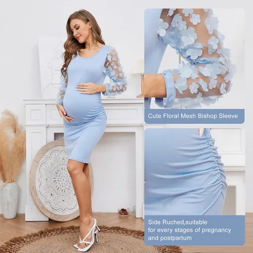 Miniatura 5 de Vestido midi de maternidad de manga larga con malla floral, vestido ajustado de maternidad para baby shower, sesión de fotos