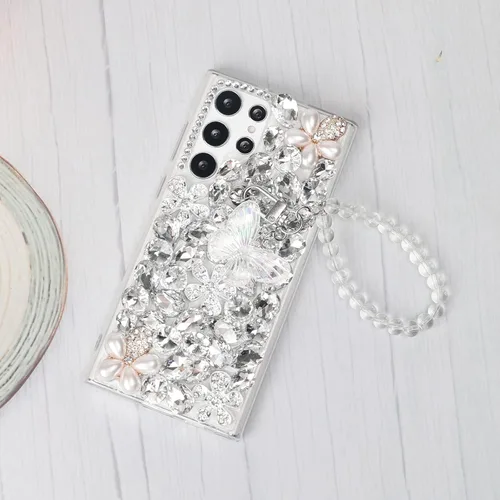 Miniatura 3 de Omio Funda compatible con Samsung Galaxy S22 Ultra Bling con correa de cadena de mano, bonita pulsera de mariposa 3D hecha a mano con purpurina