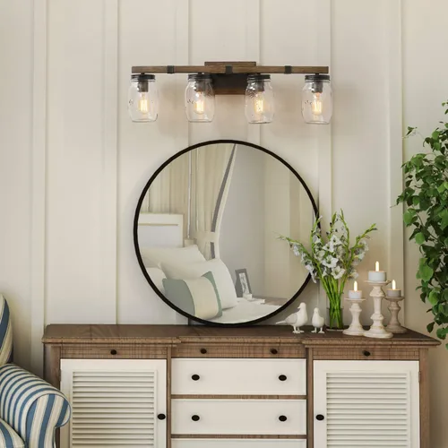 Miniatura 2 de LOG BARN Lámpara de tocador de baño rústica con vidrio Mason Jar Glass, apliques de pared de 4 luces, acabado de madera sintética, 29 pulgadas