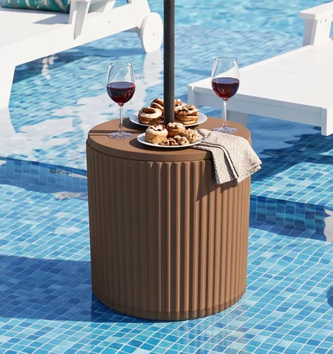 Miniatura 17 de SERWALL Outdoor Round Umbrella Side Table, 3-in-1 Ice Bucket & Side Table & Storage Box, Multi-Functional Use for Porch/Patio/Poolside, Beige