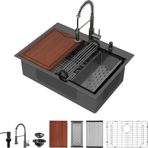 Miniatura 15 de Fregadero de cocina negro de 30"x19", estación de trabajo con revestimiento nano, acero inoxidable 304 calibre 16, hecho a mano, montaje superior