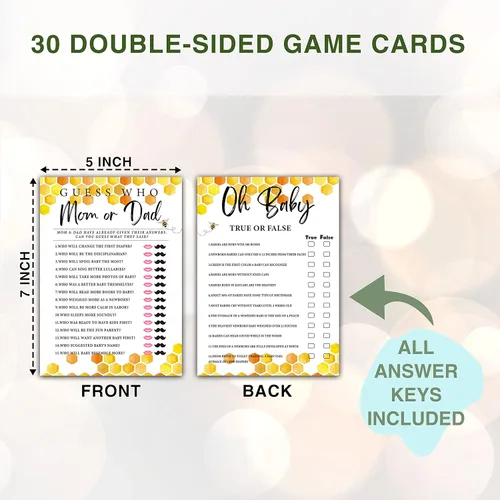 Miniatura 2 de Honey Bee - Juegos de baby shower, juegos de doble cara Adivina quién mamá o papá y Oh Baby juego verdadero o falso (paquete de 30) con 1 tarjeta