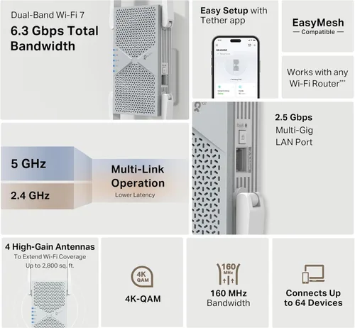 Miniatura 2 de TP-Link BE6300 Wi-Fi 7 Extensor de alcance RE403BE con puerto de 2.5G Repetidor inalámbrico de doble banda de 6.3 Gbps Amplificador de señal