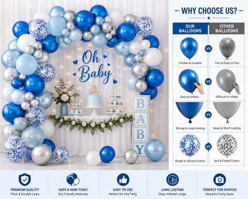 Miniatura 4 de Kit de guirnalda de globos azules y blancos plateados, 60 globos de látex de confeti azul cromado, blanco y plateado de 12 pulgadas para baby