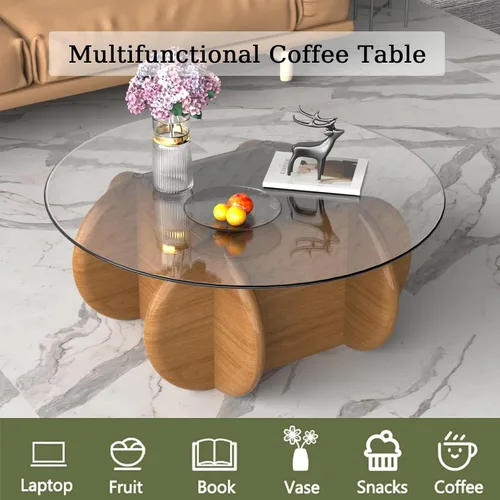 Miniatura 5 de Noguchi - Mesas de centro redondas transparentes de cristal con patas de madera maciza y mesa de vidrio templado para sala de estar, hogar, espacio