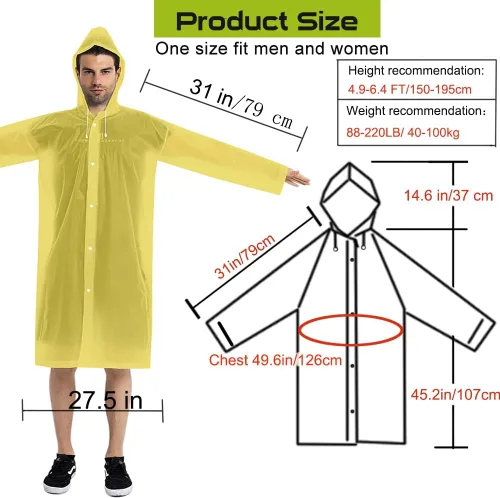 Miniatura 8 de Abrigos de lluvia (paquete de 2) – Ponchos de lluvia reutilizables de EVA para adultos, chaquetas impermeables para hombres y mujeres