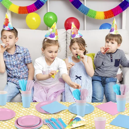 Miniatura 6 de durony Juego de vajilla de 216 piezas para fiesta de revelación de género para 24 invitados, platos de papel rosa y azul, platos de revelación
