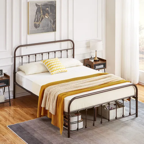 Miniatura 14 de VECELO Base de cama, plataforma de metal tamaño Queen con cabecero y estribo, base de colchón de soporte de listones de acero de alta calidad,