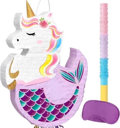Miniatura 36 de WERNNSAI - Piñata de sirena plegable, piñata de cumpleaños con flecos que incluye cuerda para jalar, venda y bate. Decoraciones