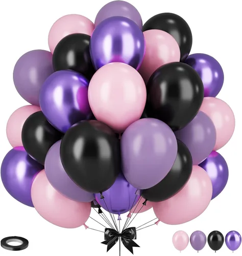 Globos morados y rosados, globos morados metálicos de 12 pulgadas en negro, rosa y morado, globos de cumpleaños rosa y negro para fiesta de
