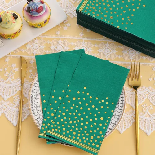 Miniatura 4 de 100 servilletas de papel verde – Servilletas de fiesta con puntos dorados, servilletas de cena verdes desechables para cumpleaños, baño, boda, Verde