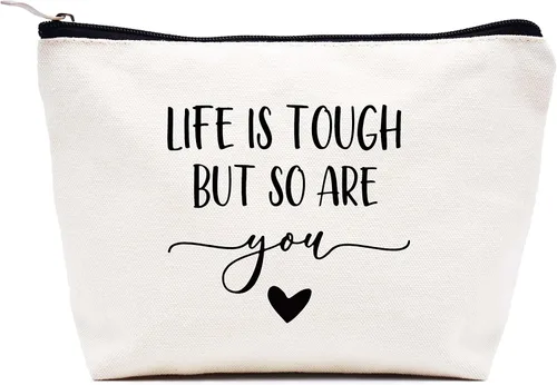 LIBIHUA Bolsa de maquillaje para mujer, bolsa de cosméticos regalos para ella, bolsa de viaje femenina, Beige, 239-La vida es dura, pero tú también