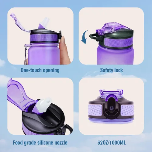 Miniatura 5 de Botellas de agua de 32 onzas, con marcador de tiempo, botella de agua reutilizable, botella de agua deportiva, botellas de agua de plástico, botella