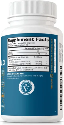 Miniatura 9 de Dr. Tobias Suplemento vegano de Omega 3, 1400 mg de aceite de algas, 420 mg de DHA y 210 mg de EPA por porción, sin OMG, sin gluten, sin