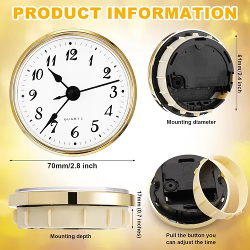 Miniatura 2 de Hicarer Reloj de cuarzo de 2.8 pulgadas/2.756 in, borde dorado, número arábigo, movimiento de cuarzo (borde dorado)