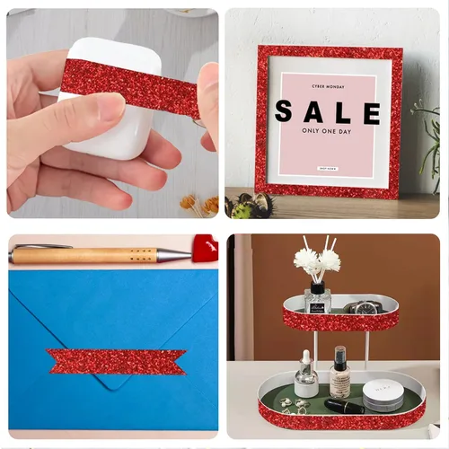 Miniatura 2 de Cinta Washi con Purpurina, 3 Rollos 5/8" (15mm) Cinta Decorativa Roja, Cinta Autoadhesiva Pegajosa para Manualidades con Ribete Dorado con Rojo