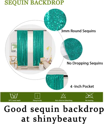 Miniatura 6 de ShinyBeauty Cortinas de lentejuelas 2 paneles de 2 x 8 pies, cortinas de fondo de fiesta verde azulado con purpurina para bodas, Navidad, Año Nuevo