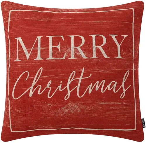 TRENDIN Funda de almohada navideña de 18 x 18 pulgadas, funda de cojín para decoraciones de Navidad, algodón y lino, vintage, rojo, feliz Navidad,