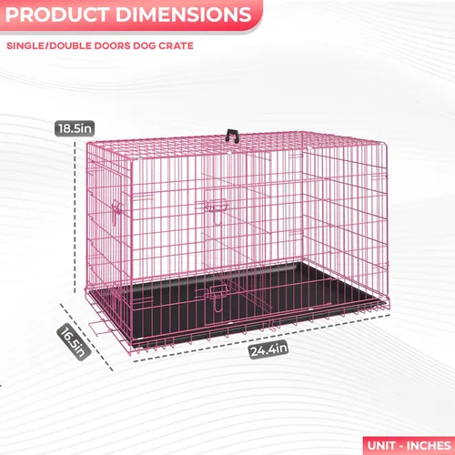 Miniatura 7 de FDW Jaula para perros pequeños de 24 pulgadas plegable de metal con alambre para mascotas, doble puerta con panel divisor para interiores y Rosa