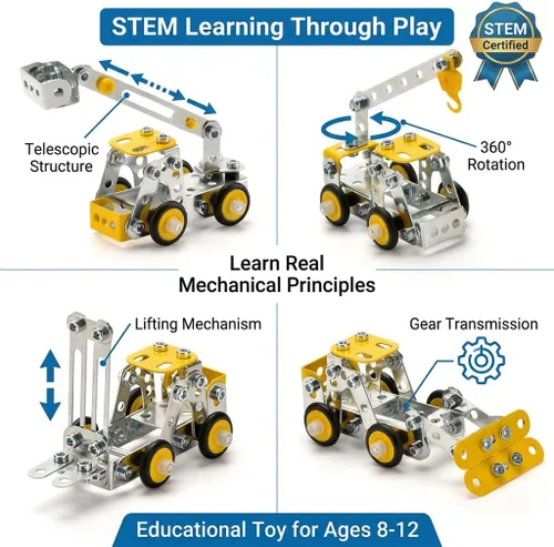 Miniatura 5 de Juego de erector para niños de 8 a 12 años, 4 mini modelos de metal para niños, 330 juguetes de construcción STEM, juego de construcción