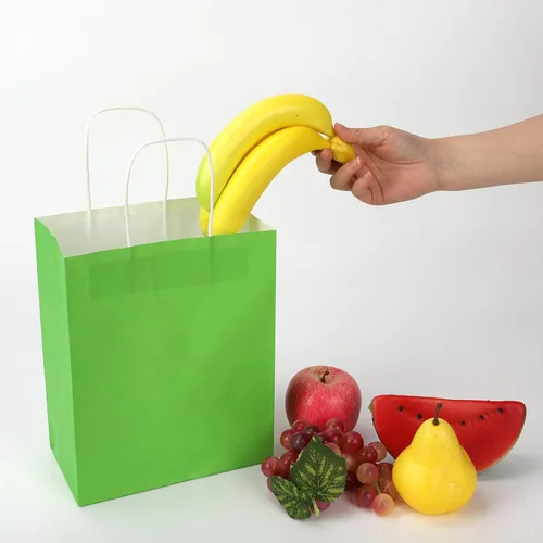 Miniatura 6 de Toovip Paquete de 100 Bolsas de Papel Kraft Verde Hierba Medianas de 8 x 4.75 x 10 Pulgadas con Asas a Granel, Bolsas de Envolver Regalos