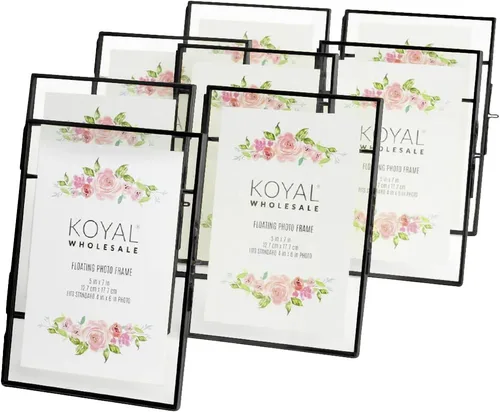Koyal Wholesale 8 marcos de fotos flotantes de vidrio prensado de 5 x 7 pulgadas con soportes, marco transparente negro para flores prensadas,