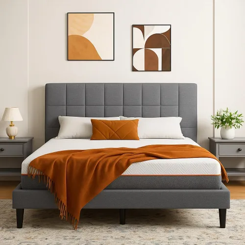 Miniatura 9 de Marsail Base de cama de tamaño matrimonial con cabecero, resistente y duradera con 12 patas de soporte, capacidad de 1300 libras, cabecera tapizada
