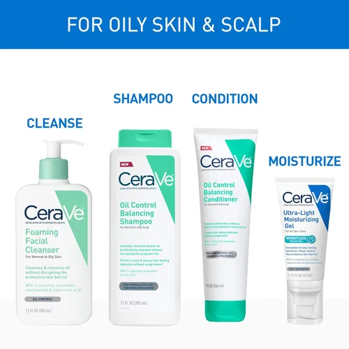 Miniatura 10 de CeraVe Champú equilibrante de control de aceite, champú aclarador con ceramidas y ácido hialurónico, elimina el aceite y deja el cabello hidratado