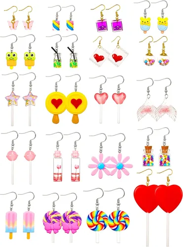 20 pares de aretes divertidos, adorables y raros para mujeres y niñas, con inclusión de osito de goma, té con leche, pez dorado, caricatura pintada