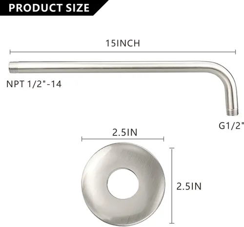 Miniatura 2 de Voolan Brazo de ducha con brida y cinta de teflón, brazo de extensión de cabezal de ducha para cabezal de ducha fijo de baño, acero inoxidable