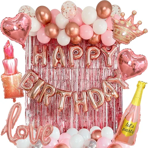 Miniatura 8 de Vidal Crafts - Decoraciones de cumpleaños rosadas, 71 piezas de decoraciones de feliz cumpleaños con globos de látex, papel de aluminio y confeti