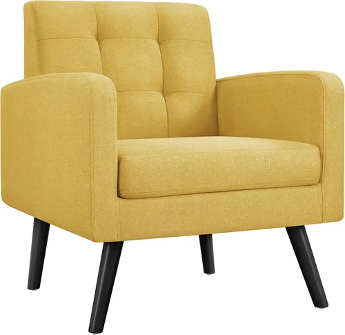 Miniatura 15 de Yaheetech Sillas de acento de mediados del siglo, silla moderna tapizada para sala de estar, sillón acogedor con respaldo abotonado y patas de Azul