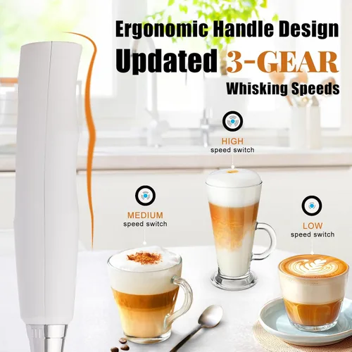 Miniatura 3 de Nahida Espumador de leche blanca para café, espumador de mano recargable batidor eléctrico con 3 cabezales, 3 velocidades, mezclador de bebidas