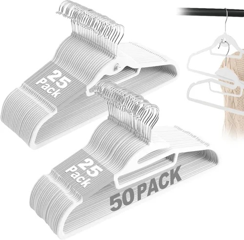Miniatura 12 de Perchas de Terciopelo Negro Paquete de 50, en Forma de S y Apilables de Fieltro Antideslizantes con Gancho Giratorio de 360°, Perchas Flocadas Ultra