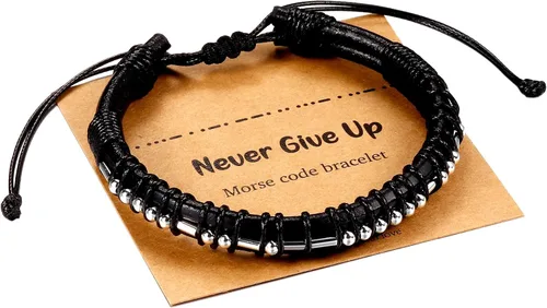 Pulseras con código morse para hombres y mujeres, regalos chapados en plata de ley 925 con cuentas en cuero negro para hombre, joyería inspiradora