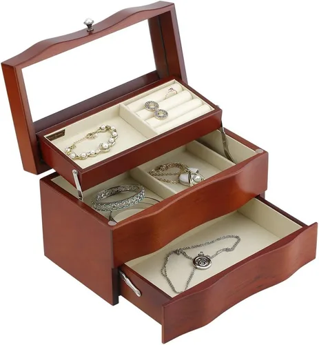 Miniatura 2 de RR ROUND RICH DESIGN Joyero de madera maciza estructura multicapa almacenamiento combinado con espejo de maquillaje color marrón