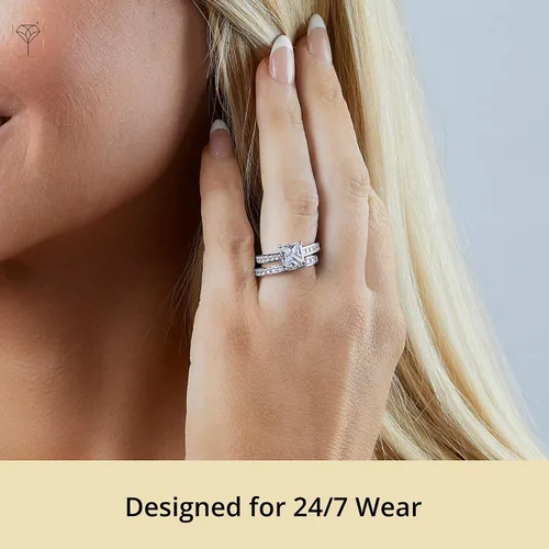 Miniatura 3 de MAX + STONE Anillo de compromiso de circonita cúbica cuadrada de corte princesa de 3.0 quilates con anillo de boda para mujer en oro blanco