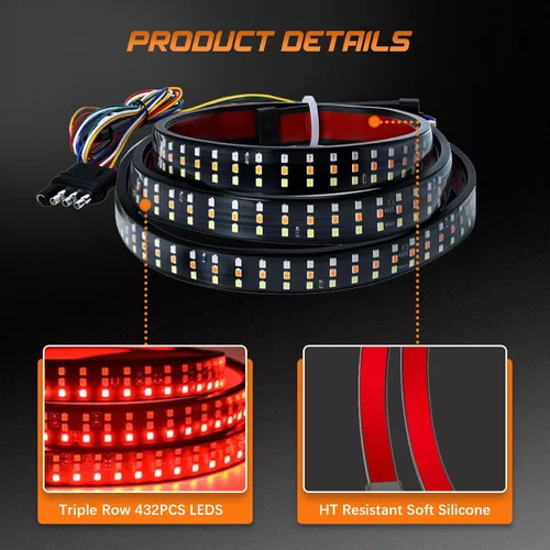 Miniatura 3 de Barra de Luz de Portón Trasero de 48 Pulgadas Triple Fila 432 Chips LED con Freno Rojo Reversa Blanca Señales de Giro Ámbar Secuenciales