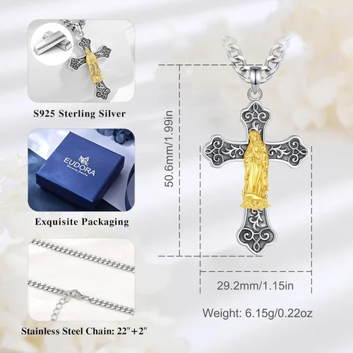 Miniatura 70 de EUDORA Collar de plata de ley 925, San Cristóbal y San Benito, San Miguel, Virgen María, San Judas Tadeo, Cruz de Buen Pastor y Arcángel, Medalla