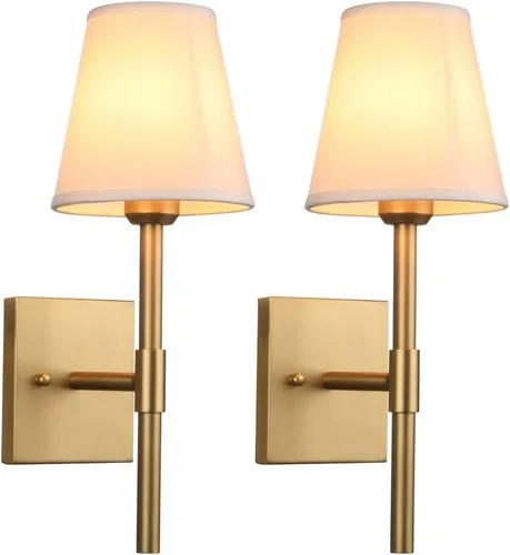 Miniatura 10 de Pathson Juego de 2 apliques de pared de baño cableados con pantalla de tela blanca, iluminación de pared de tela para sala de estar, dormitorio