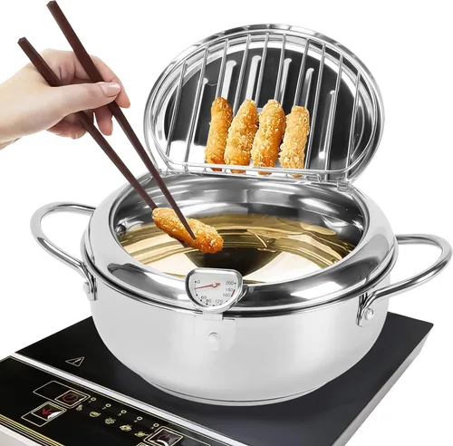 Miniatura 6 de Olla para freidora, 11 pulgadas/4.4 cuartos de galón, freidora de tempura japonesa con termómetro, olla freidora de acero inoxidable 304 para papas