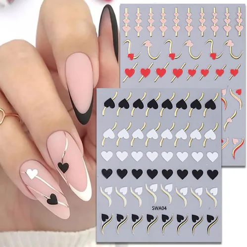 Miniatura 9 de Calcomanías de uñas de San Valentín, 6 unidades, calcomanías de uñas de corazón 3D, autoadhesivas, calcomanías de arte de uñas, diseño de flores