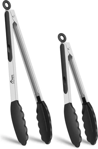 Miniatura 19 de HOTEC Pinzas de Cocina Premium de Acero Inoxidable con Bloqueo con Puntas de Silicona, Juego de 2-9" y 12" Gris Claro Paquete de 2: gris claro